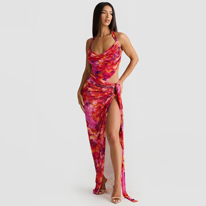 Kiki Floral Print Backless Halter Top and Split Long Skirt Set