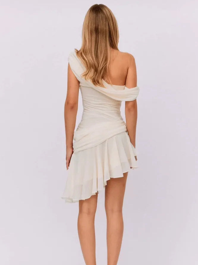BC Mesh Backless Oblique Shoulder Sleeveless Ruffle Mini Dress