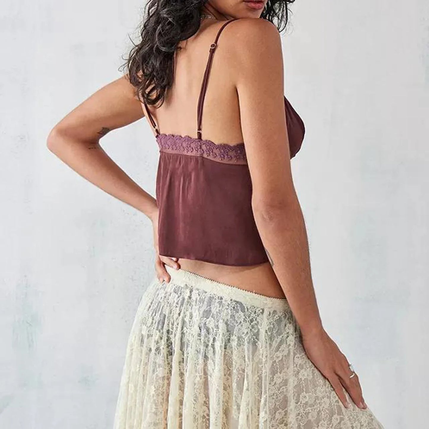 Comb Vintage V Neck Cami Sleeveless Spaghetti Strap Button Down Lace Trim Aesthetic Backless Tank Tops