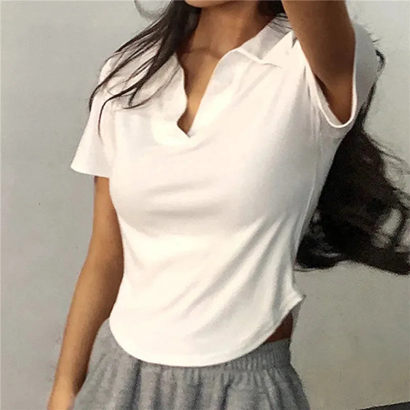 Tea Short Sleeve Lapel Top V-Neck
