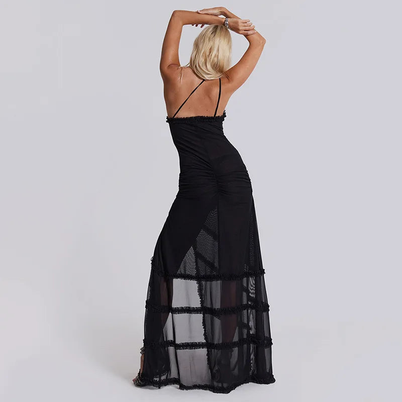 Jade Frilly Halter Backless Split LongY2k Aesthetic Print Maxi Dress