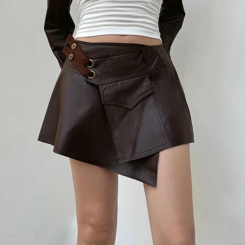 Lace Up Vintage Pu Cargo Leather Skirt