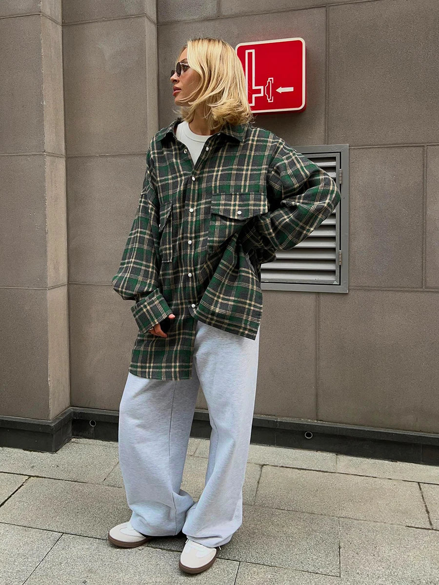 BCG Y2K Vintage Loose Plaid Lapel Long Sleeve