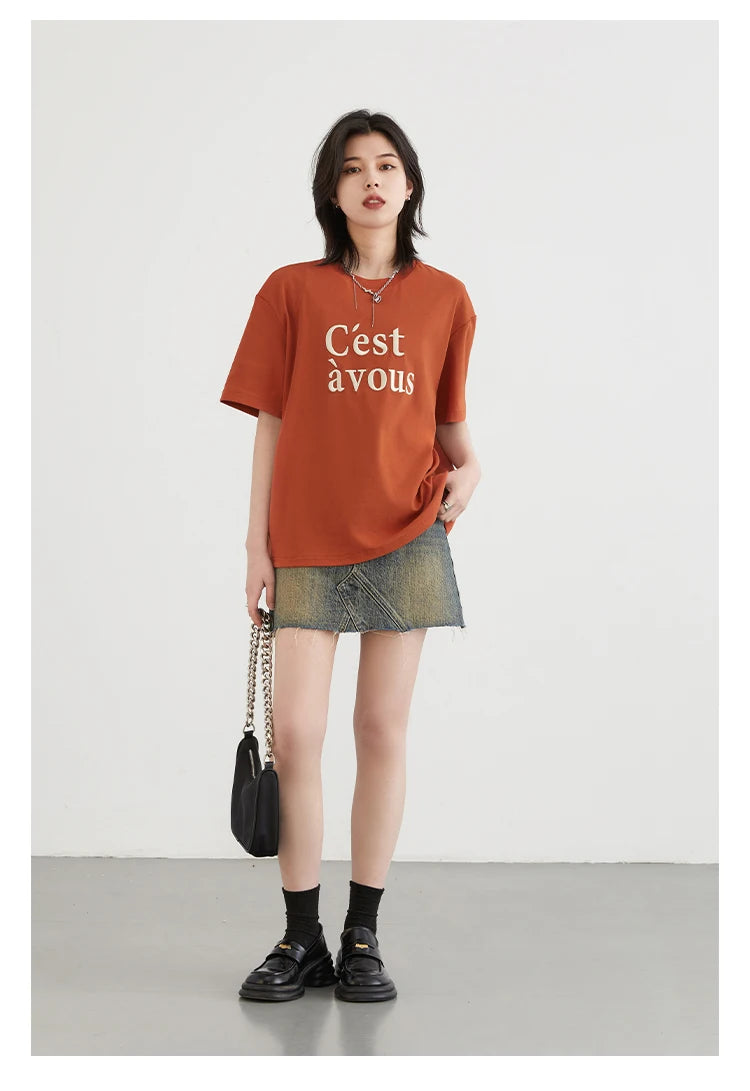 T-Shirt Loose Round Neck Contrast Letter Embroidered Tees