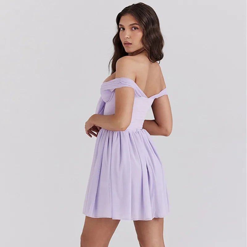 Purple Mesh Bow Tie Off Shoulder Backless A Line Short Dress