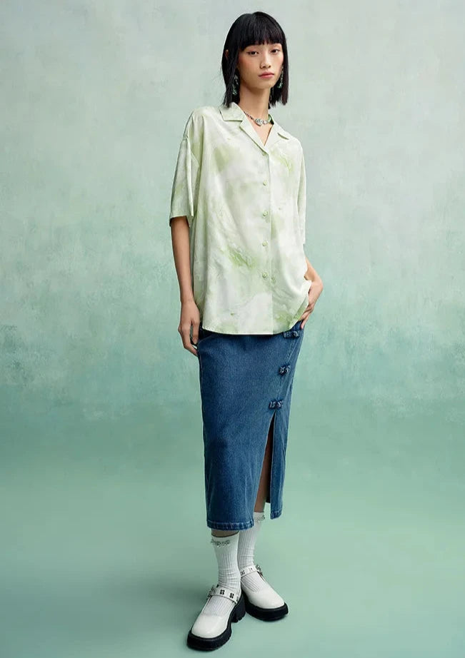 Short Sleeve Shirt Mid-length Loose Cuban Collar Full-print Blouse