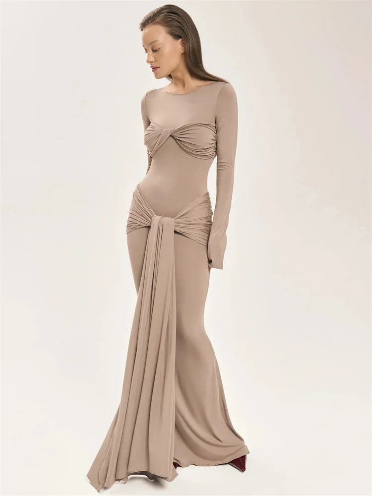BC Pleated Patchwork Twist Long Sleeve Maxi Dress