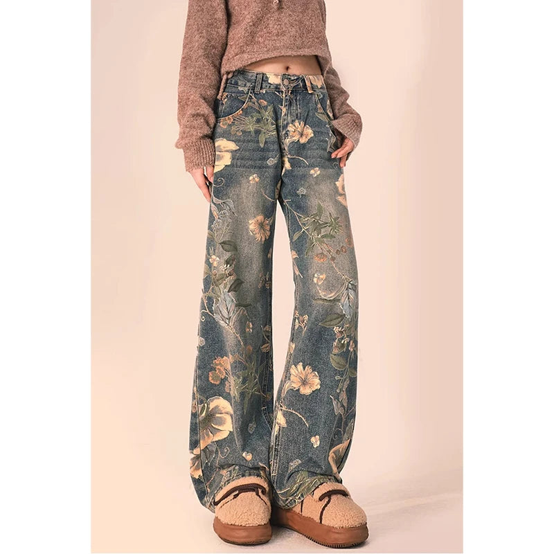 Sunn Vintage Floral Print High Waist Denim