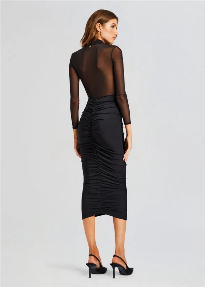 Mona Sheer Long Sleeve Ruched Half High Collar See-Through Backless Dress