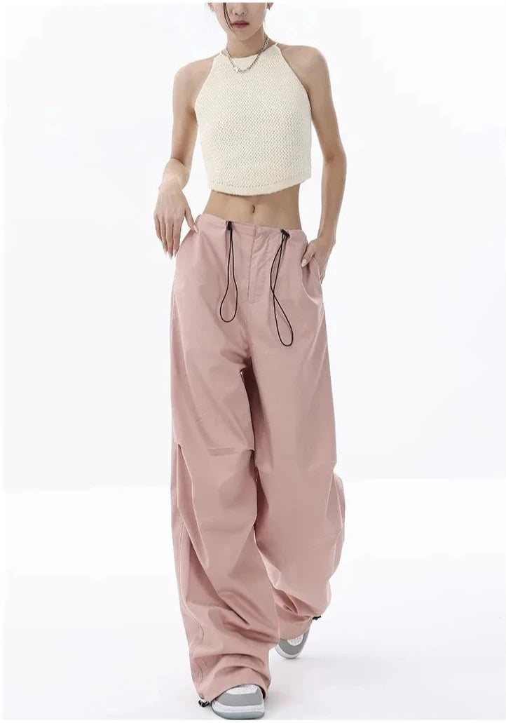 High Waist Drawstring Long Wide Leg Trousers