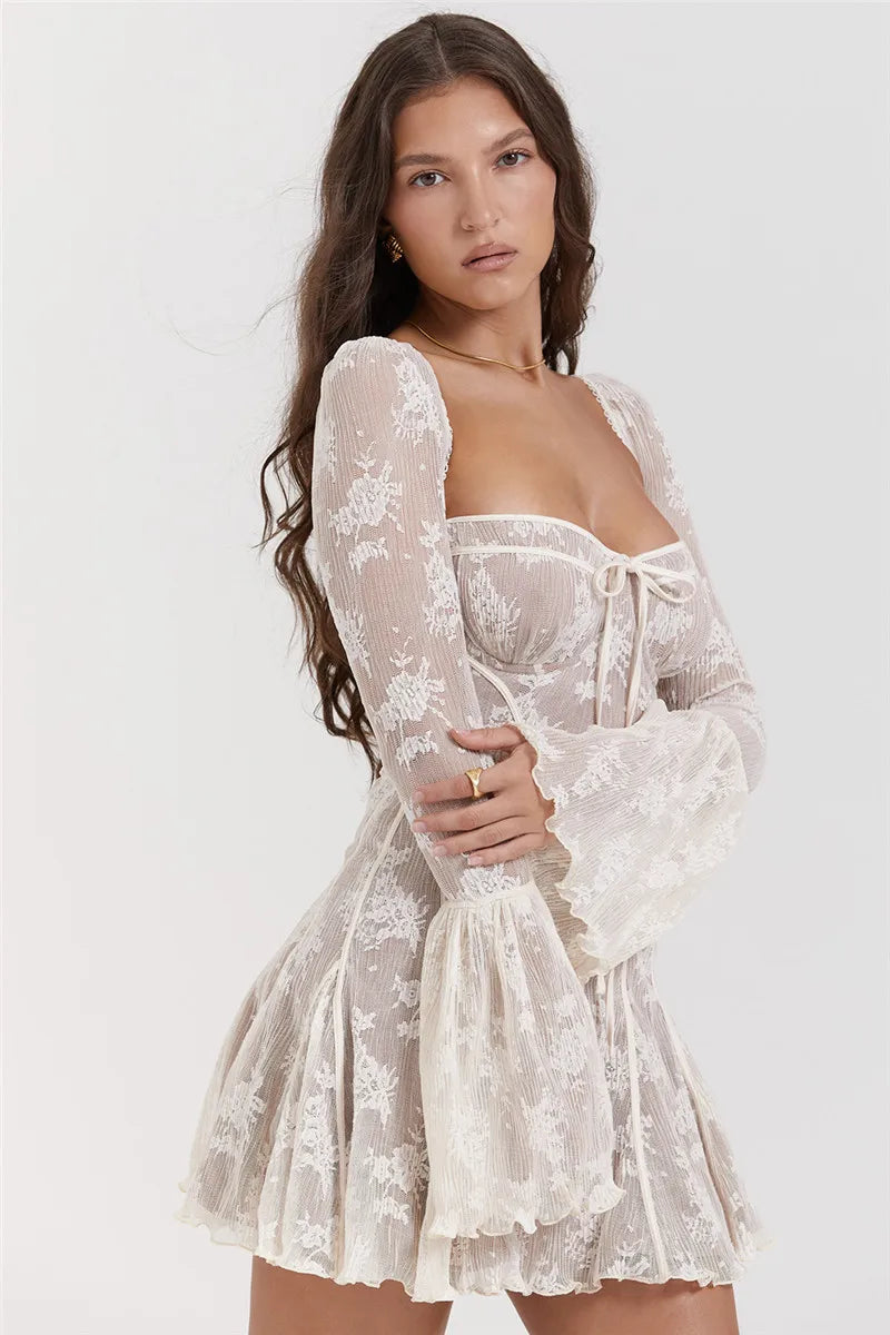 MZ Square Collar Long Sleeve Backless Loose Lace Dress