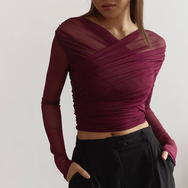 BG Cross Neck Crop Top Mesh
See-Through Pleated Long Sleeve