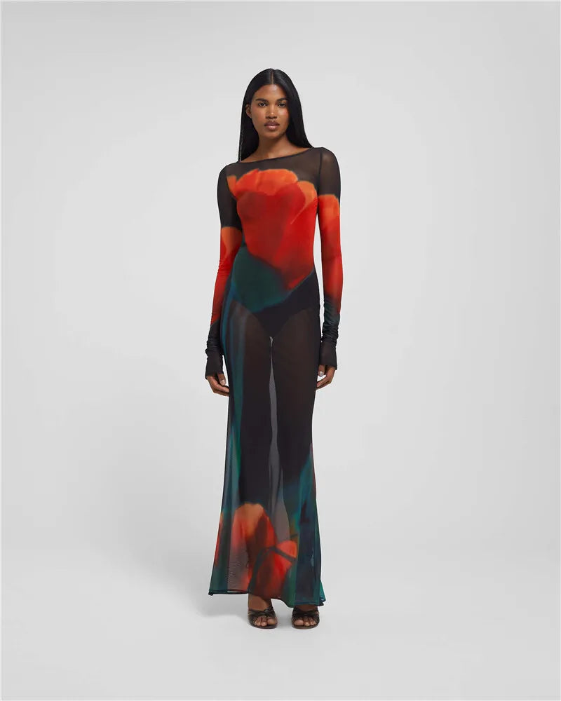 Moz See-Through Mesh Print Sheer Long Sleeve O Neck Transparent Long Dress
