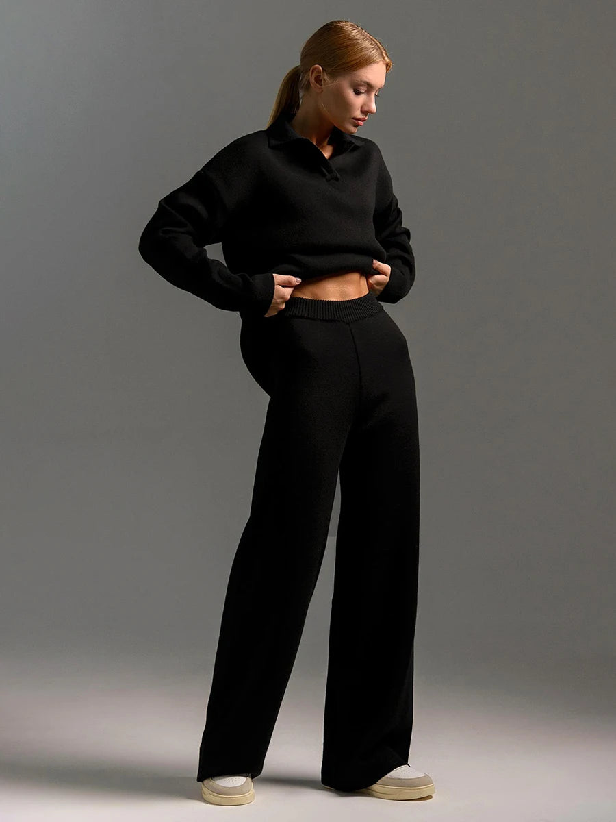 Bony Knitted Suits Soft Sets Polo Neck Sweater & Wide Leg Pants