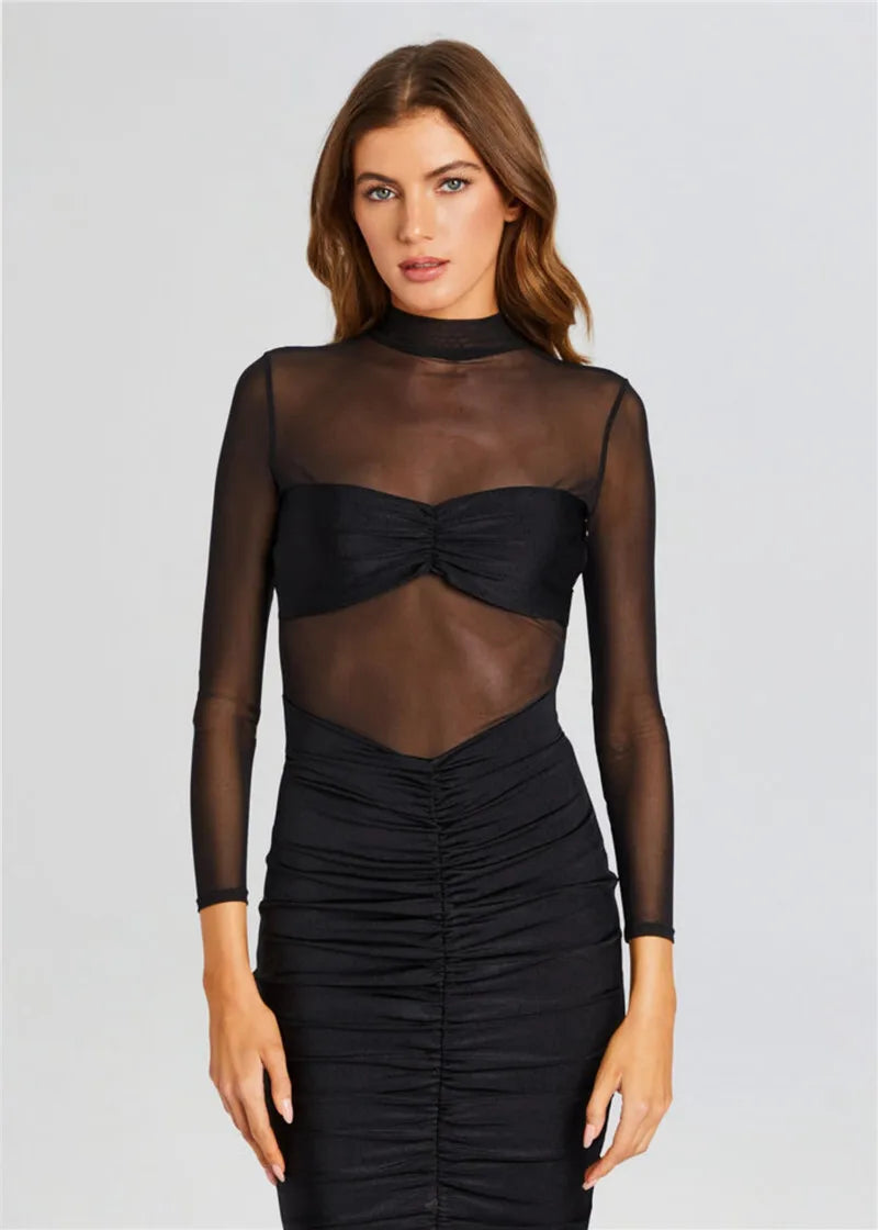 Mona Sheer Long Sleeve Ruched Half High Collar See-Through Backless Dress