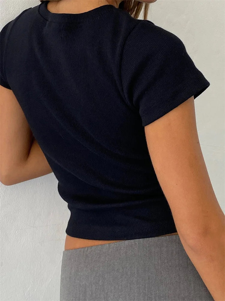 VIvia Crop Top Round Neck Short Sleeve Bow Embroidery Ribbed T-Shirt