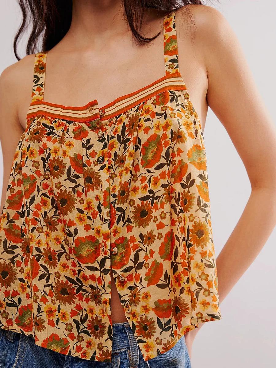Bohemian Y2K Cute Tank Tops Floral Sleeveless Front Button-down