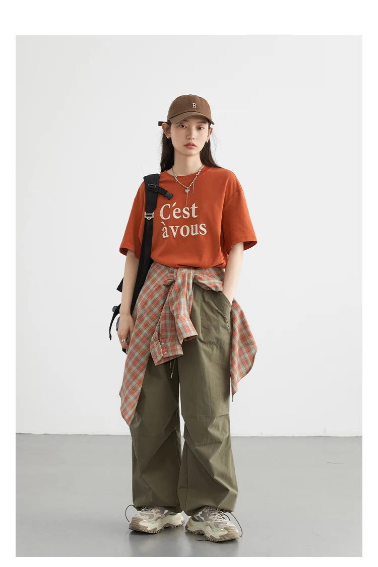 T-Shirt Loose Round Neck Contrast Letter Embroidered Tees