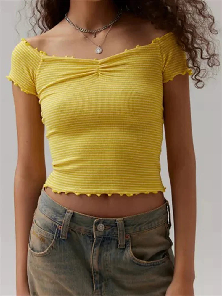 BC Off Shoulder Tees Crop Tops Striped Print Slash Neck Short Sleeve