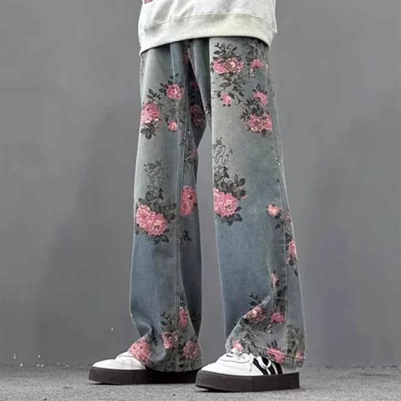 BC straight leg personalized rose blossom jeans loose retro casual pants
