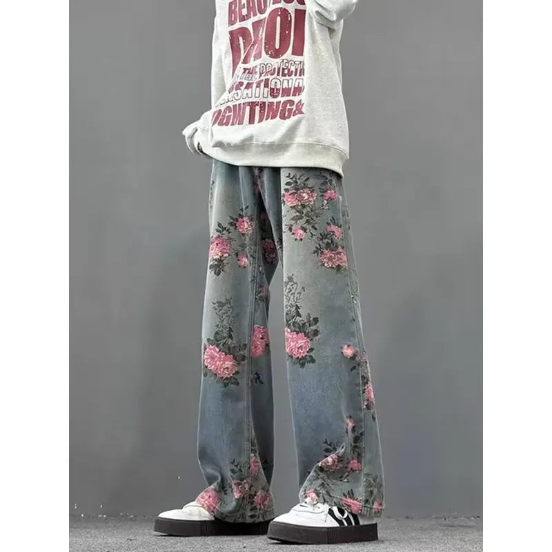 BC straight leg personalized rose blossom jeans loose retro casual pants