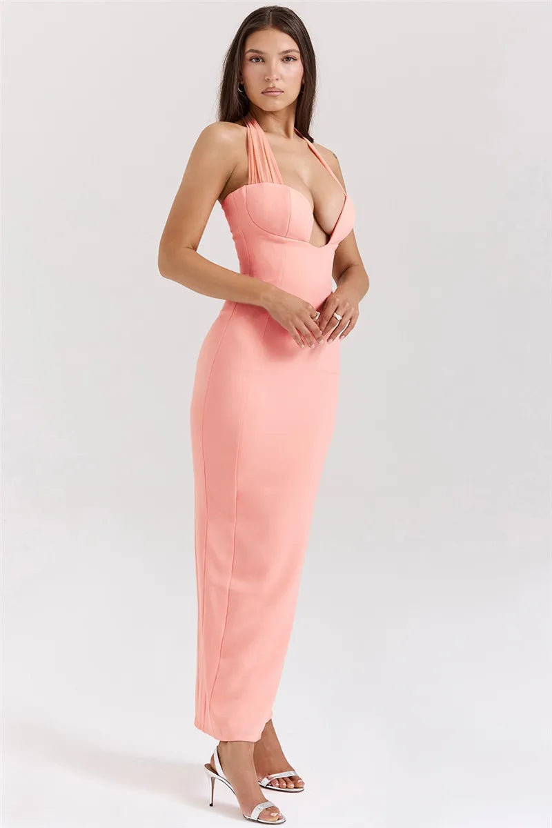 Mozi Strapless Halter Cut Out Sleeveless Backless Long Elegant Dress