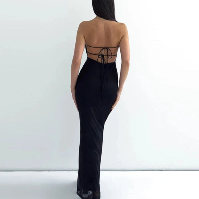 HC Mesh Flower Print Strapless Backless Lace Up Maxi Dress