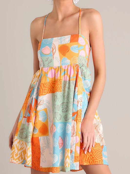 BC Boho Floral Print Spaghetti Strap with Open Back and Ruffle Hem Mid Dress