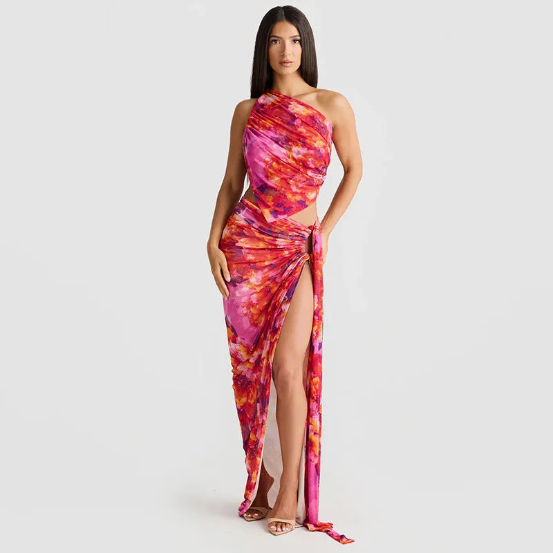 Kiki Floral Print Backless Halter Top and Split Long Skirt Set