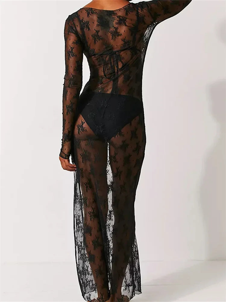 BC See Through Lace Long Sleeve High Slit Dress