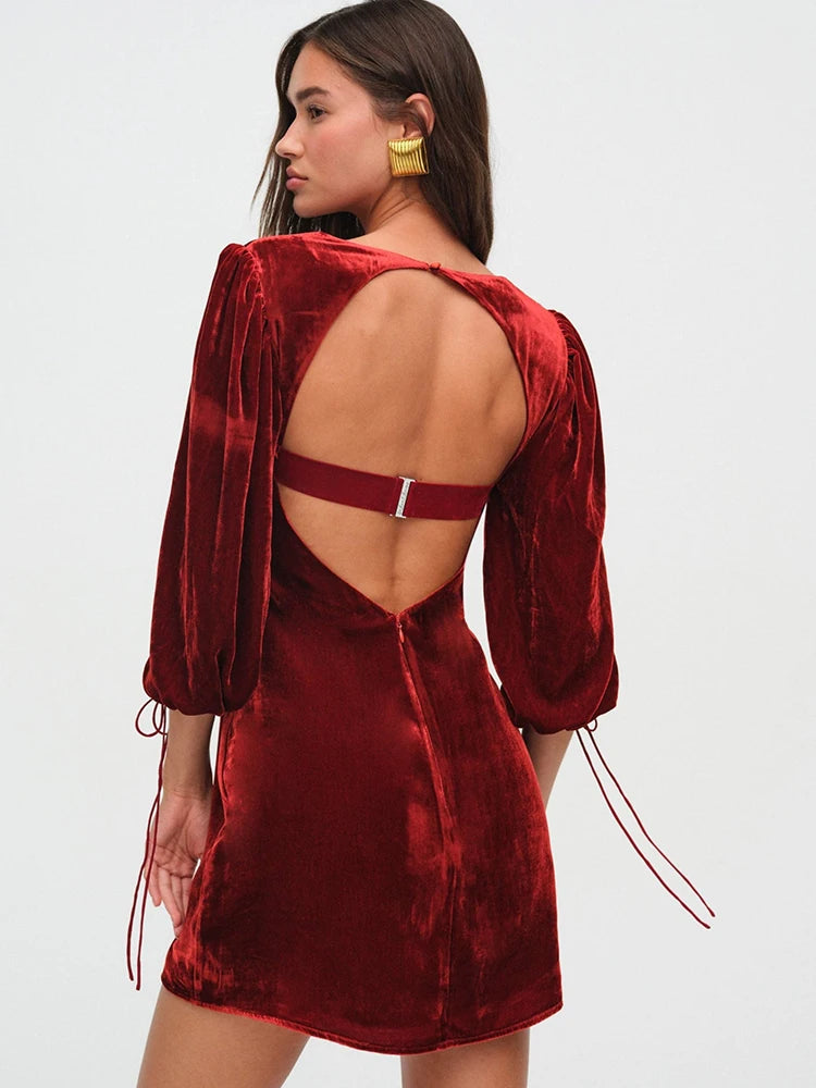 Juli Backless Lace Up Long Sleeve Square Collar Dress
