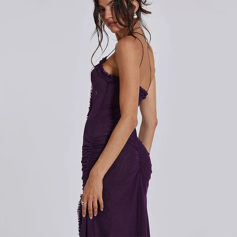 Jade Frilly Halter Backless Split LongY2k Aesthetic Print Maxi Dress