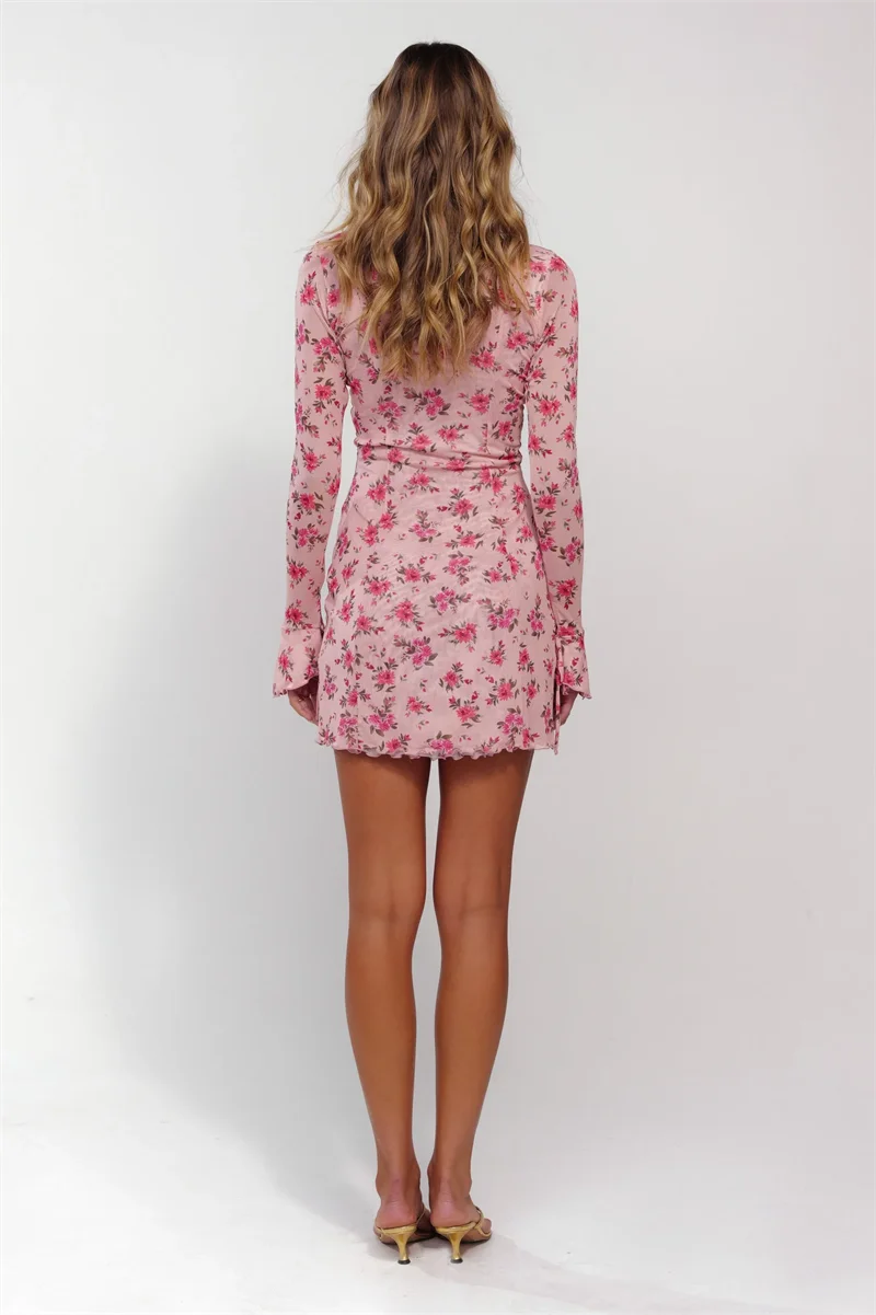 AC Floral Bow Print Sheer Mesh Patchwork V-Neck Flare Sleeve Mini Dress