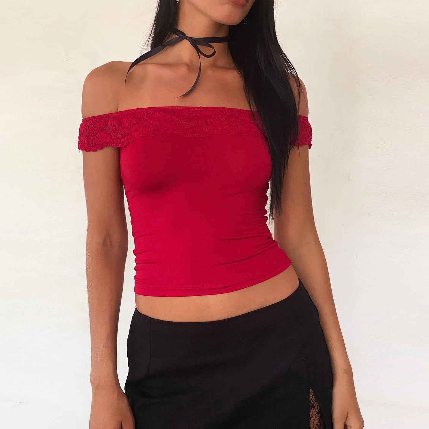 Vintage Cropped Lace Trim Boat Neck Off Shoulder