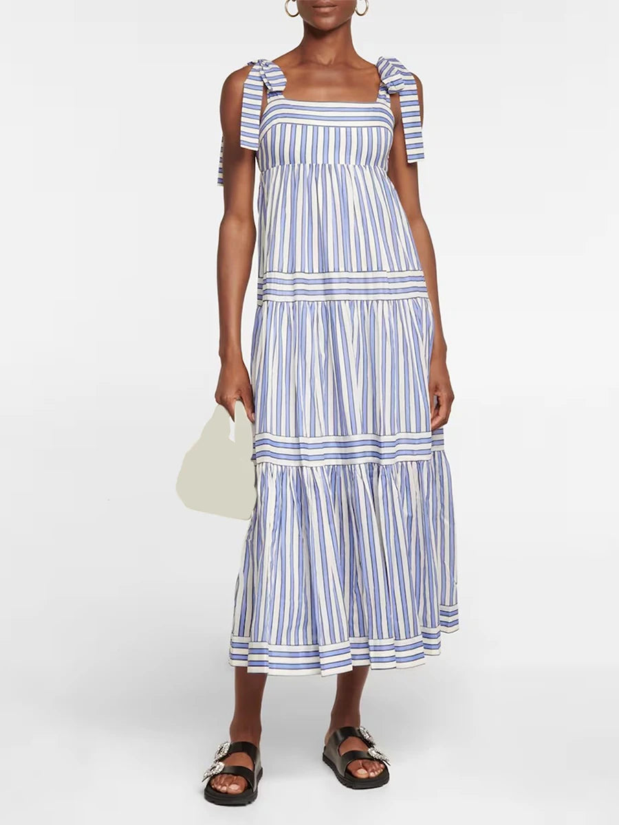 GB Sleeveless Tie-up Strap Striped Print Backless Dress