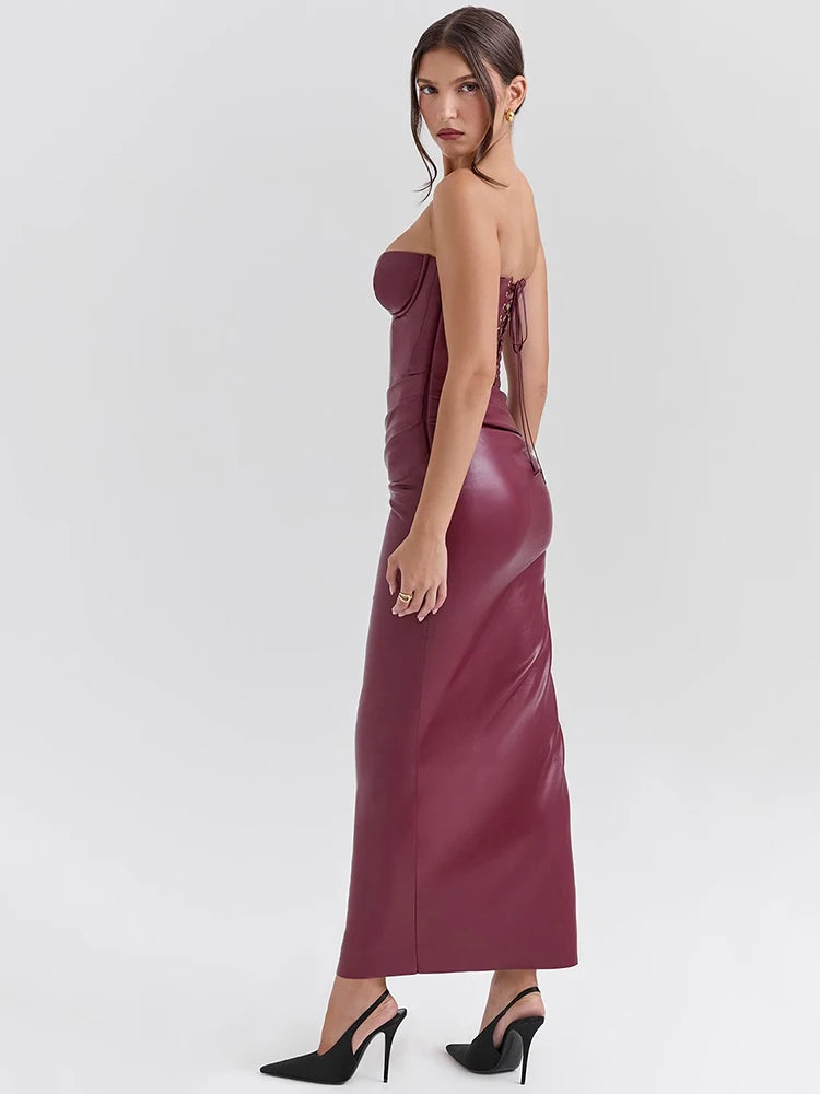 Moz Wine PU Leather Off-shoulder Backless Lace-up Maxi Dress