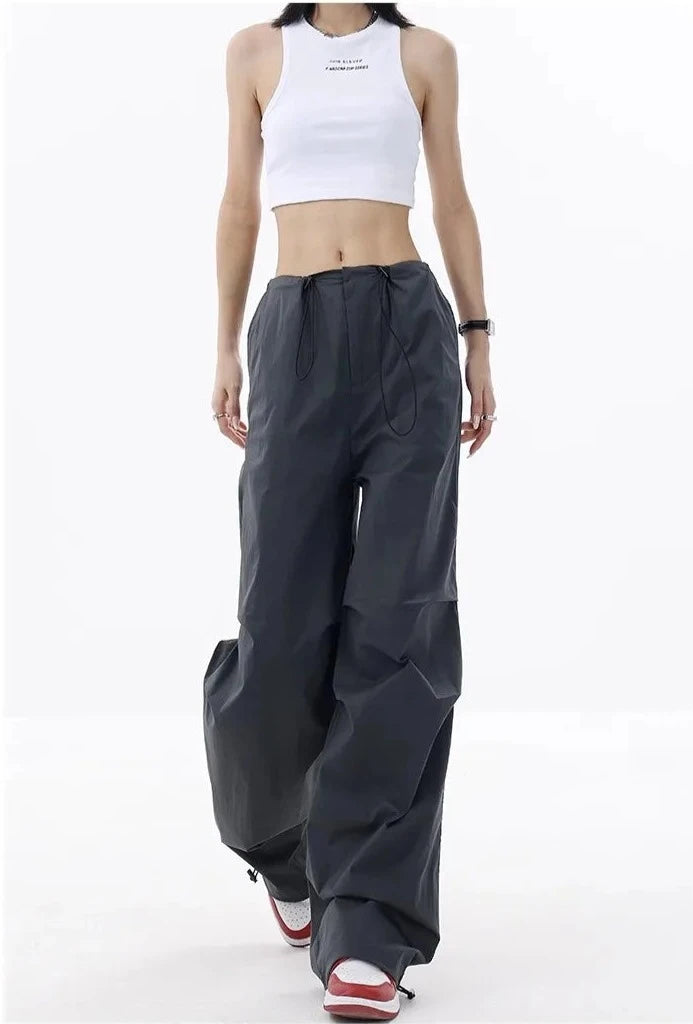 High Waist Drawstring Long Wide Leg Trousers
