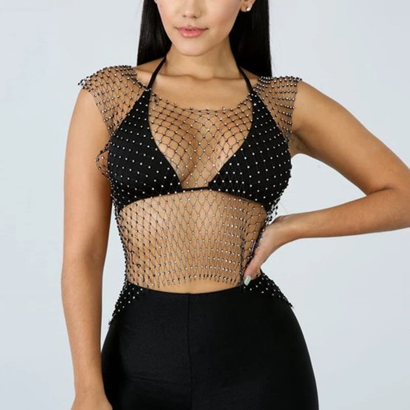 Kiane See Through Sleeveless Backless Tank Tops Glitter Rhinestone Fishnet Square Neck Crop Tops