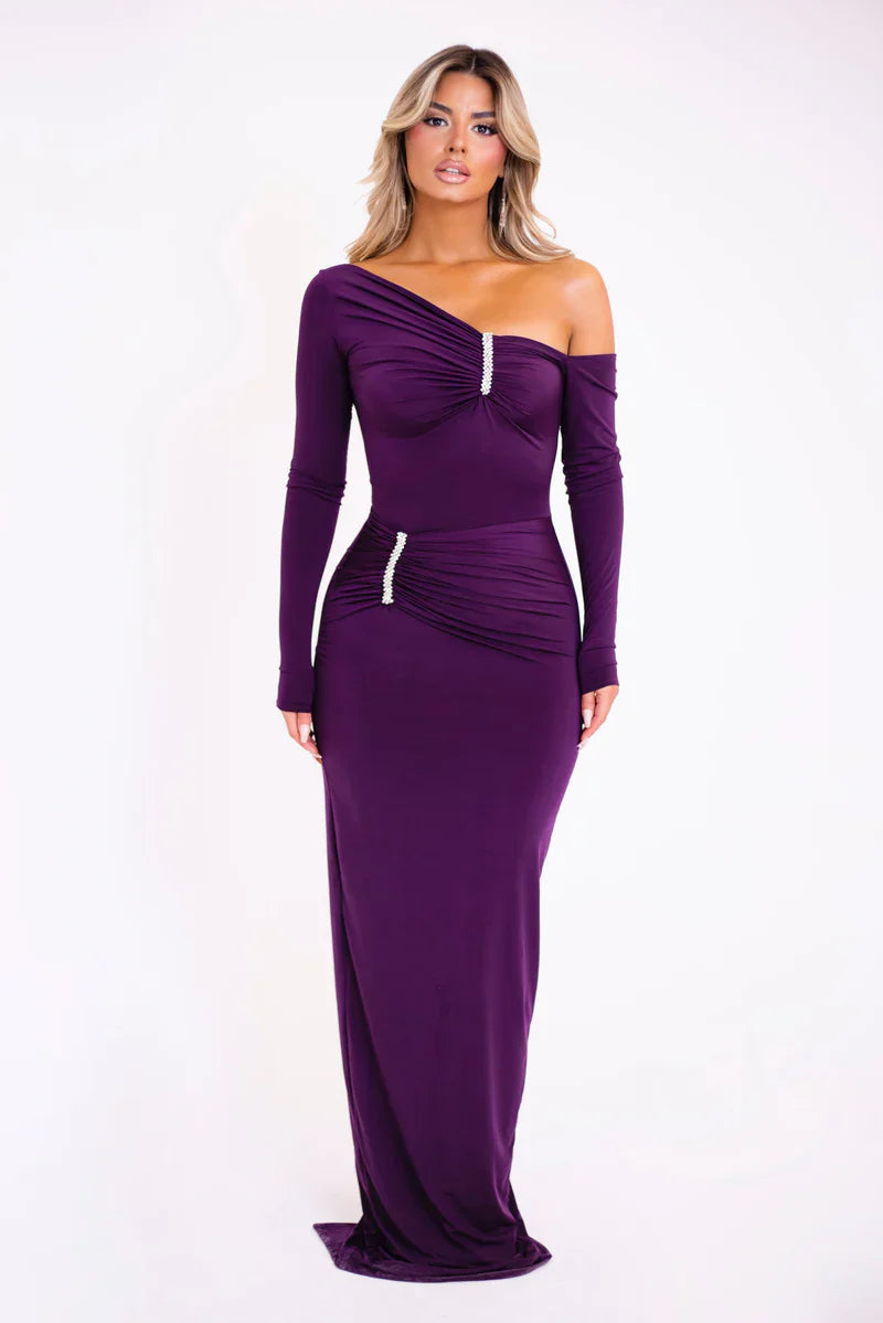 Moz Diagonal Collar Long Sleeve Sparkle Backless Ruched Maxi Dress