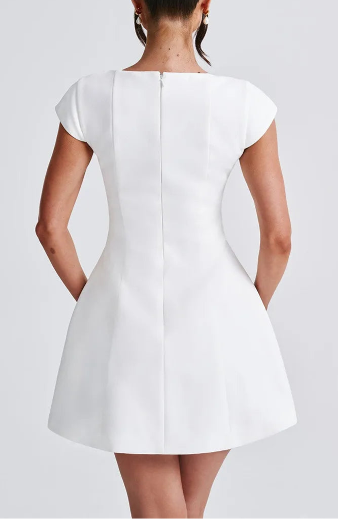 Moz Square Collar Short Sleeve A-line Loose High Waist Elegant Mini Dress