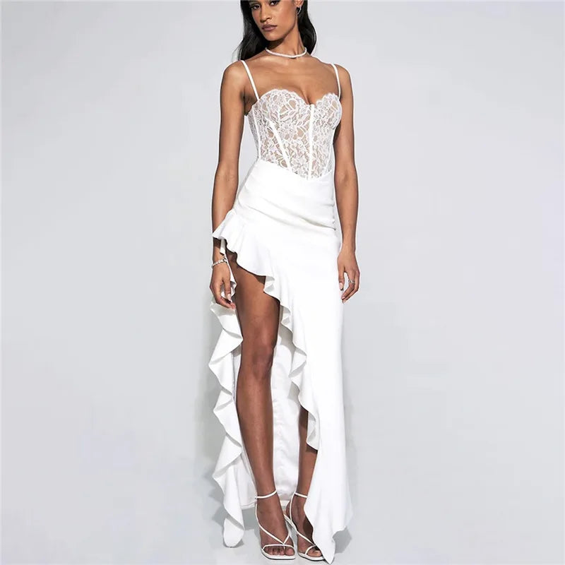 Trina WP Elegant Lace Patchwork Ruffle High Slit Maxi Dress