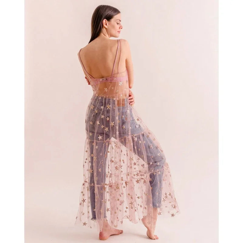 Hasaki Summer Mesh Sheer Bikini Cover Ups Tulle Spaghetti Straps See-through Maxi Dress