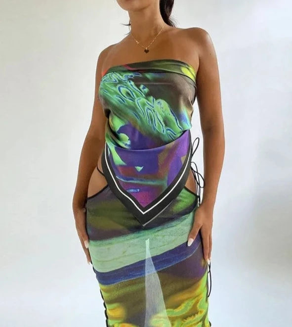 Honey Marble Sheer Mesh Long Skirt and Top Set