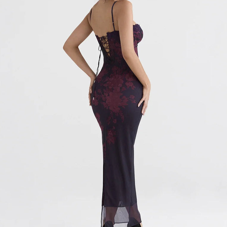 Mozi Purple Print Long Fishtail Maxi Dress Strap Sleeveless