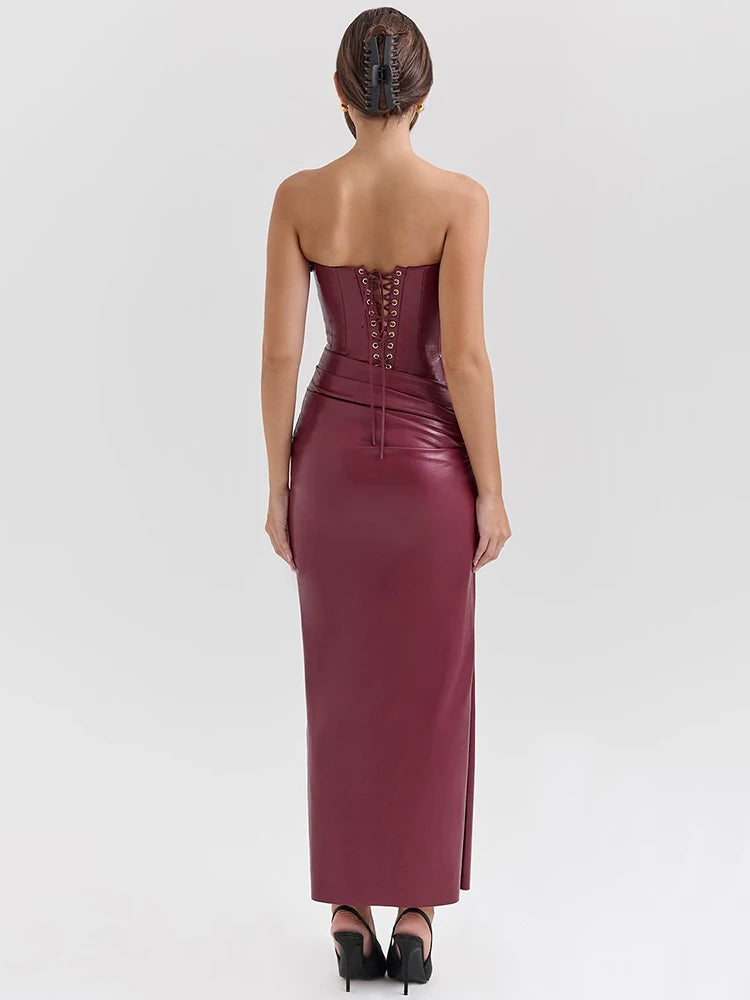 Moz Wine PU Leather Off-shoulder Backless Lace-up Maxi Dress