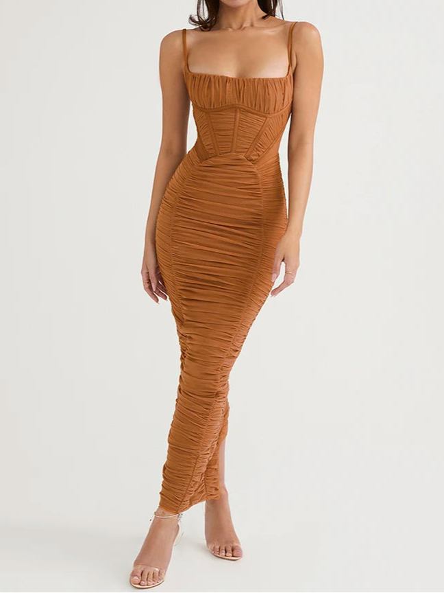 Mozi Corset Ruched Strap Sleeveless Backless Zipper Maxi Dress