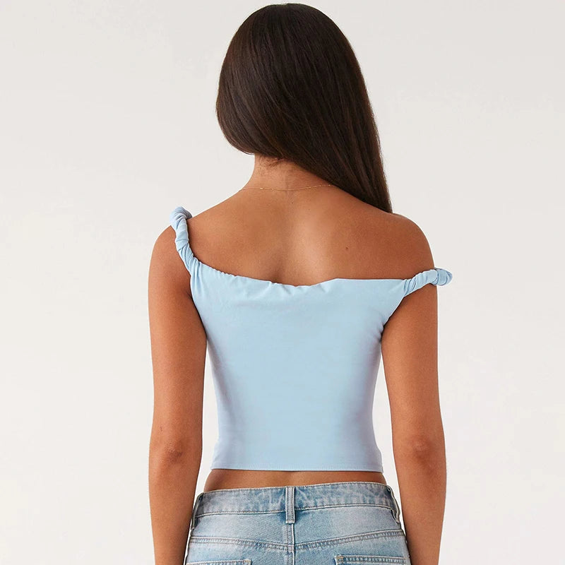 Nova 2024 Sleeveless Slash Collar Top Ruched Casual Off Shoulder Twist Pullover