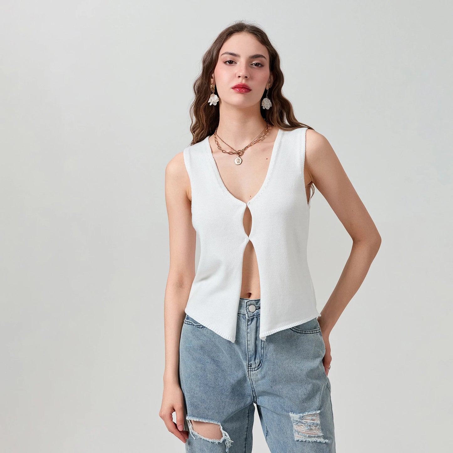 BC Knit Retro Sleeveless V-Neck Button-up Tank Tops S