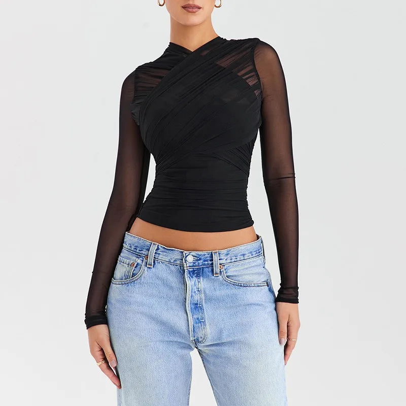 Skylar See Through Cross V Neck Long Sleeves