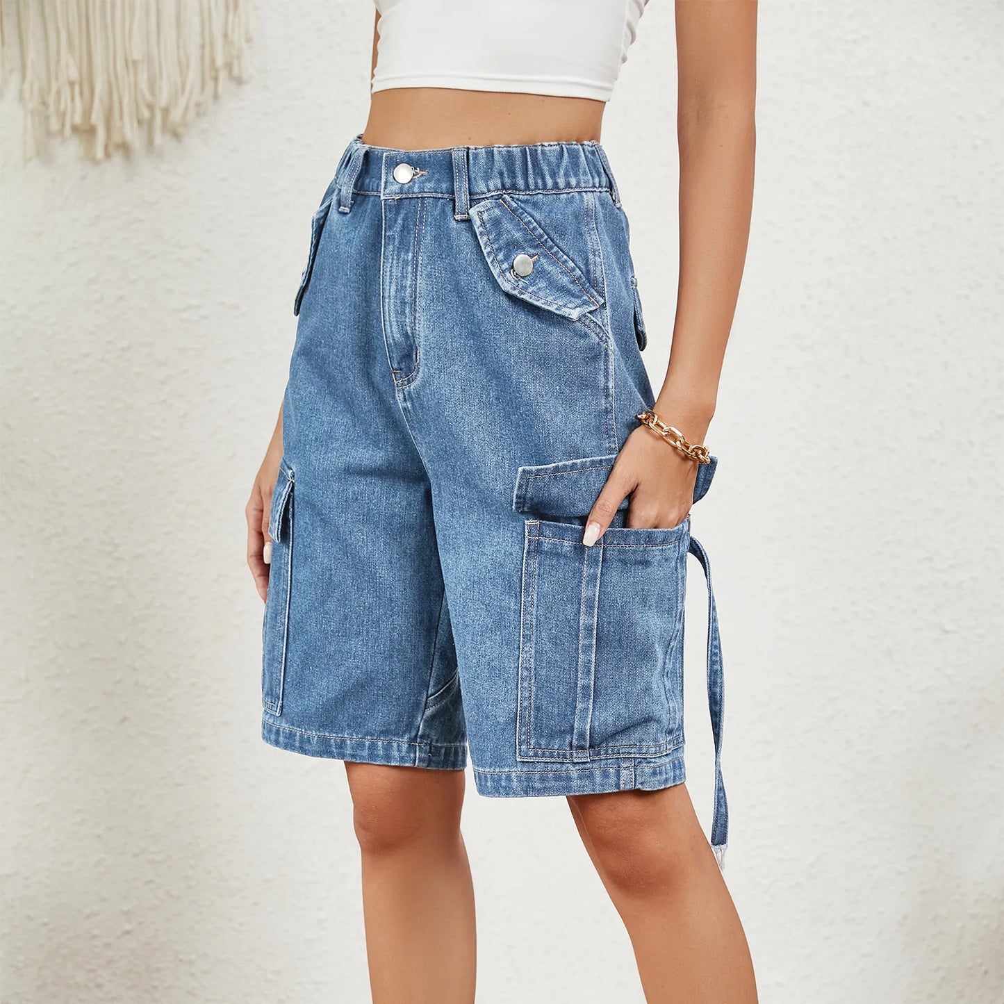 Sarah Denim Shorts High Waist Multi-Pocket